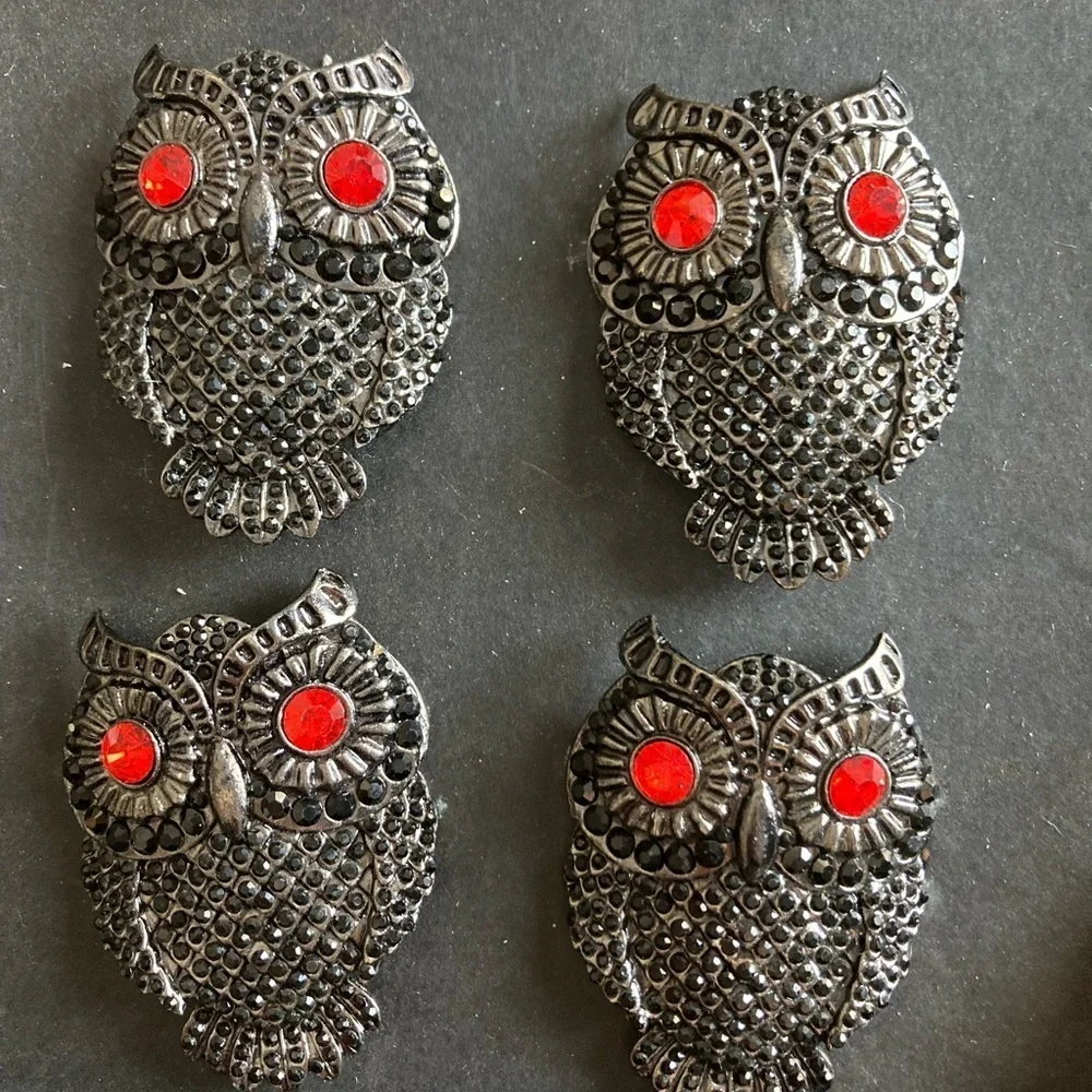 Tahari Napkin Rings Owl black with red stone eyes new